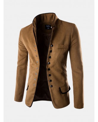 Gentleman's Stylish Retro Woolen Suit Stand Collar Single Breasted Edging Suit Coat