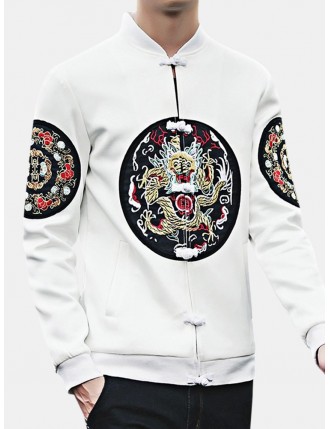 Mens Chinese Style Embroidery Coat Stand Collar Single-breasted Long Sleeve Casual Jacket