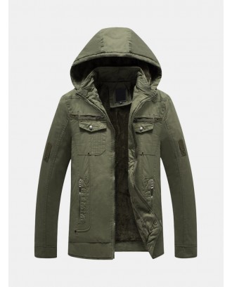Men's Military Plush Lining Thicken Multi Pockets Zipper Decoration Hooded Outdoor Tooling Jacket