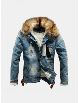 Mens Casual Fleece Fur Collar Denim Blazers Jacket