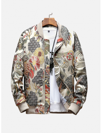 Mens Ethnic Style Crane Embroidered Floral Zipper Slim Fit Casual Baseball Jacket