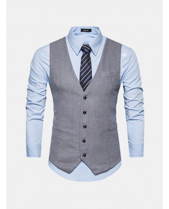 Vintage British Solid Color V Neck Single Breasted Vest for Men