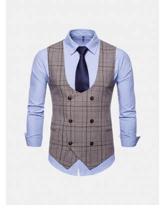 Mens British Style Plaid Printed Formal Business Slim Fit Double Breasted Suit Vest
