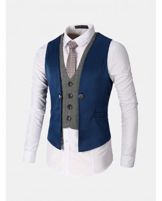 Mens Fake Two Pieces Formal Business Slim Fit Single Breasted Suit Vest