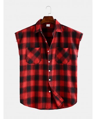 Mens Summer Plaid Printed Chest Pocket Turn Down Collar Sleeveless Casual Vests
