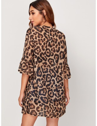 Leopard Print Flounce Sleeve Kimono