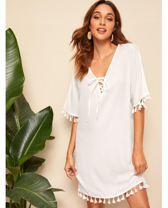 Lace-up Neck Tassel Detail Cover Up