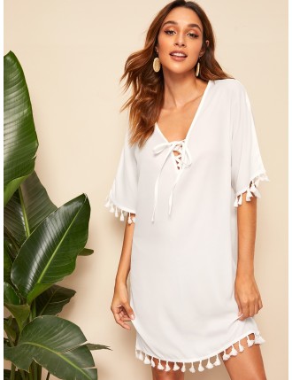 Lace-up Neck Tassel Detail Cover Up