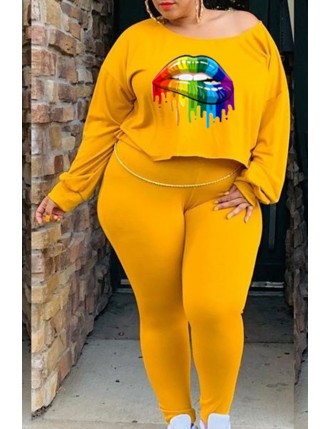 Lovely Casual Lip Printed Yellow Plus Size Two-piece Pants Set