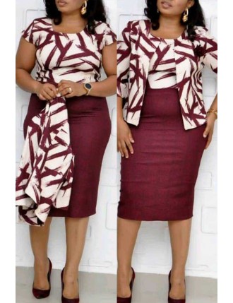 Lovely Casual O Neck Printed Purplish Red Plus Size Two-piece Skirt Set