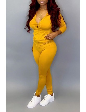 Lovely Casual Zipper Design Basic Yellow Plus Size Two-piece Pants Set