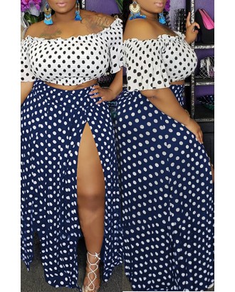 Lovely Casual Dot Printed Side Split Blue Plus Size Two-piece Skirt Set