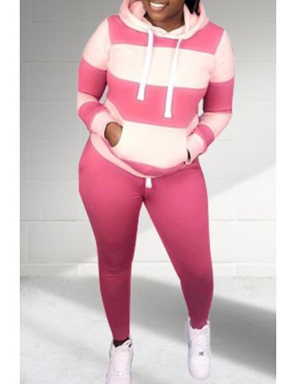 Lovely Casual Patchwork Pink Plus Size Two-piece Pants Set