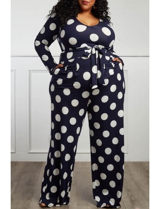 Lovely Trendy Dot Printed Dark Blue Plus Size One-piece Jumpsuit