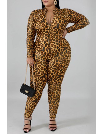Lovely Trendy Mandarin Collar Leopard Printed Yellow Plus Size One-piece Jumpsuit