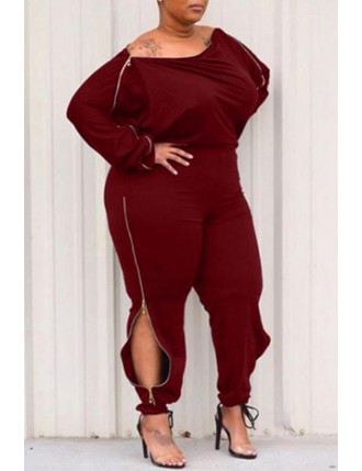 Lovely Casual Zipper Design Wine Red Plus Size One-piece Jumpsuit
