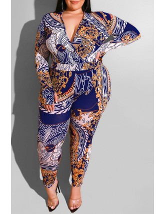 Lovely Casual Printed Blue Plus Size One-piece Jumpsuit