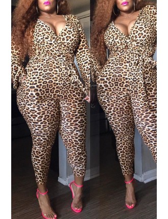 Lovely Casual V Neck Leopard Printed Plus Size One-piece Jumpsuit