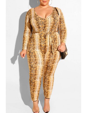 Lovely Casual U Neck Snakeskin Printed Plus Size One-piece Jumpsuit