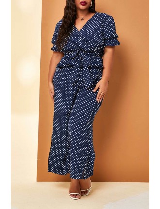 Lovely Casual V Neck Dot Printed Blue Plus Size One-piece Jumpsuit