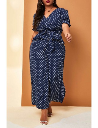 Lovely Casual V Neck Dot Printed Blue Plus Size One-piece Jumpsuit