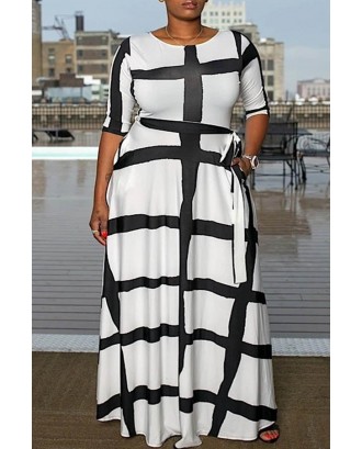 Lovely Casual Plaid Printed White Ankle Length Plus Size Dress