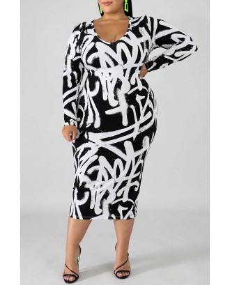 Lovely Casual V Neck Printed Black Mid Calf Plus Size Dress