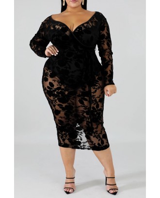 Lovely Sexy V Neck Hollow-out Black Mid Calf Plus Size Dress