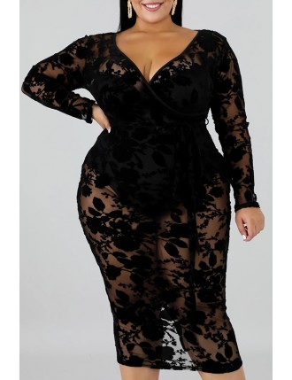 Lovely Sexy V Neck Hollow-out Black Mid Calf Plus Size Dress