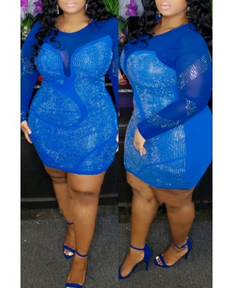 Lovely Sexy See-through Patchwork Blue Mini Plus Size Dress
