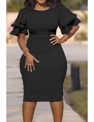 Lovely Casual O Neck Ruffle Black Knee Length Plus Size Dress