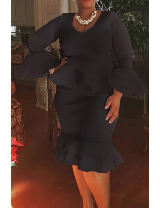 Lovely Casual Flounce Design Black  Knee Length Plus Size Dress