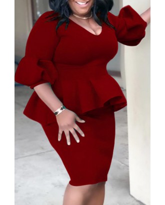 Lovely Casual V Neck Flounce Design Wine Red Knee Length Plus Size Dress