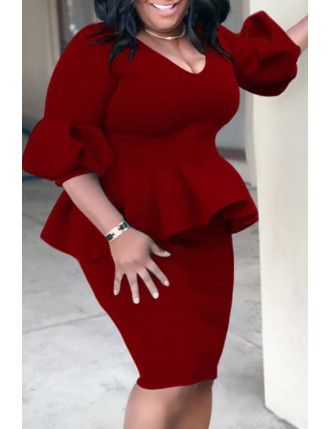 Lovely Casual V Neck Flounce Design Wine Red Knee Length Plus Size Dress