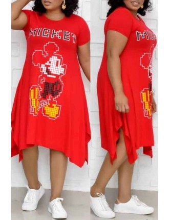 Lovely Leisure Printed Red  Mid Calf Plus Size Dress