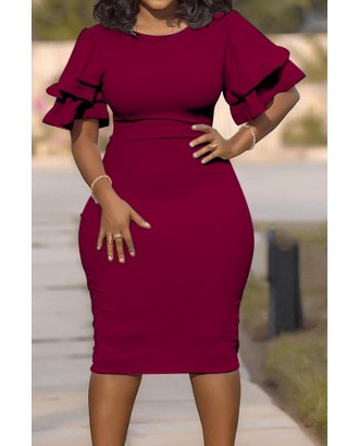 Lovely Casual O Neck Ruffle Wine Red Knee Length Plus Size Dress