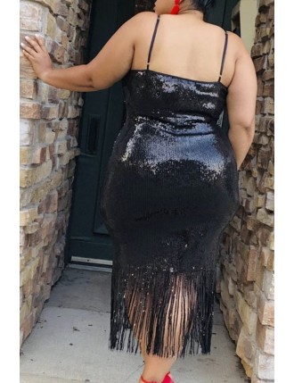 Lovely Party Tassel Design Black Mid Calf Plus Size Dress