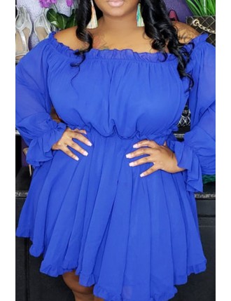 Lovely Stylish Off The Shoulder Ruffle Blue Mini A Line Plus Size Dress