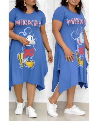 Lovely Casual Printed Baby Blue Mid Calf Plus Size Dress