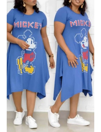Lovely Casual Printed Baby Blue Mid Calf Plus Size Dress