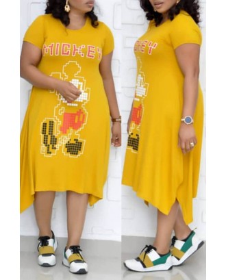 Lovely Leisure Printed Yellow Mid Calf Plus Size Dress