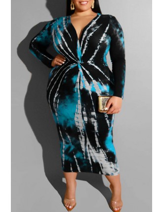 Lovely Casual Printed Blue Mid Calf Plus Size Dress