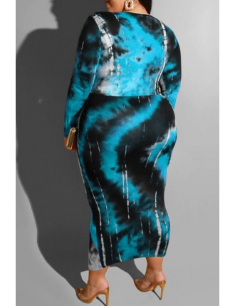 Lovely Casual Printed Blue Mid Calf Plus Size Dress