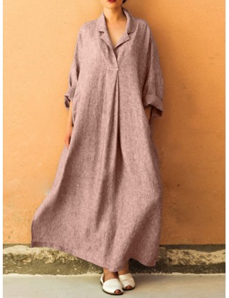 Solid Color Loose Lapel Long Sleeve Casual Maxi Dress