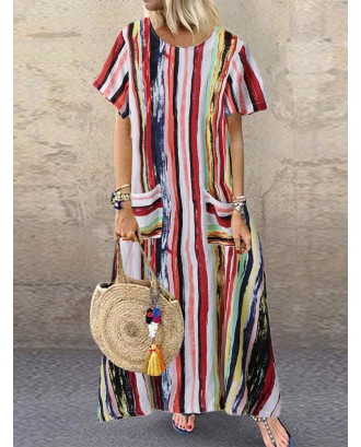 Multicolor Stripe Loose Short Sleeve Vintage Dress