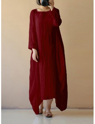 Vintage Asymmetrical Pure Color Long Sleeve Maxi Dresses
