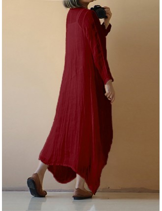 Vintage Asymmetrical Pure Color Long Sleeve Maxi Dresses