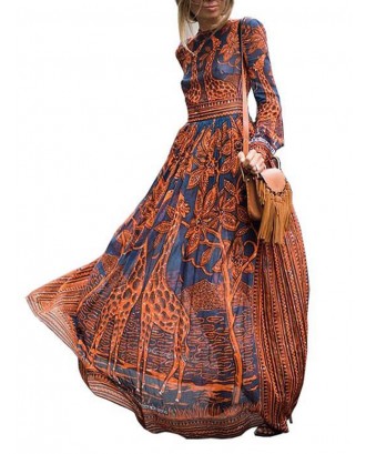 Bohemian Print Long Sleeve Vintage Maxi Dress For Women