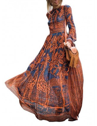 Bohemian Print Long Sleeve Vintage Maxi Dress For Women