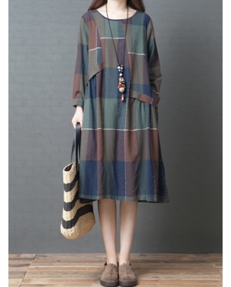 Loose Long Sleeve Multi-color Plaid Print Vintage Dresses
